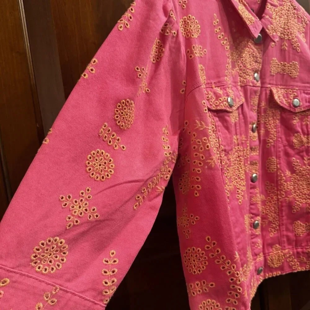 G by Giuliana Women's Black Label Puff-Sleeve Eyelet Jean Jacket Magenta Size 1X